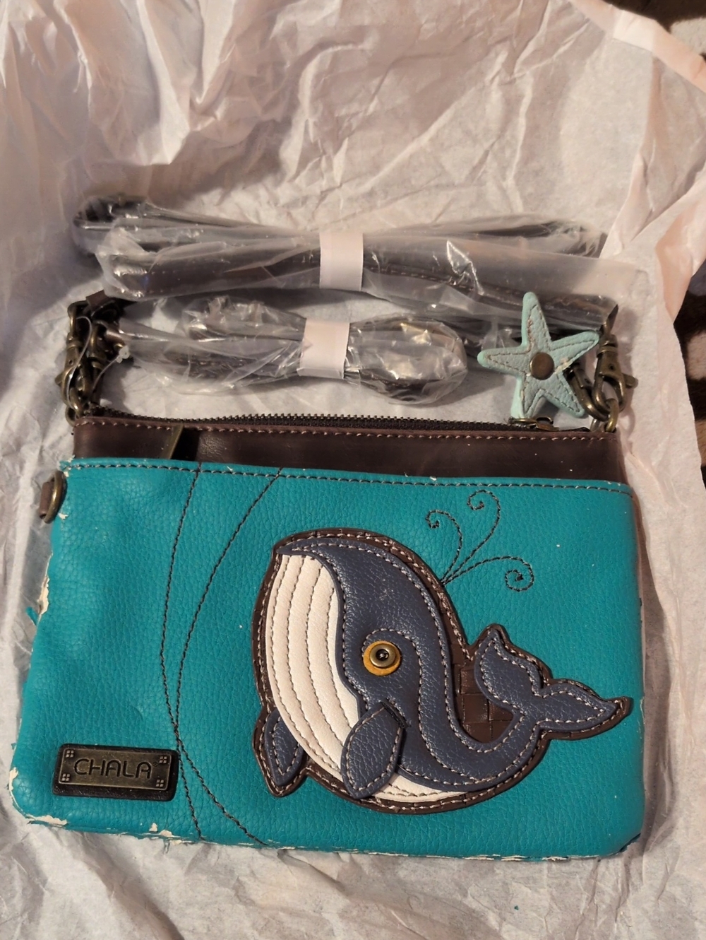 Chala Teal Whale Crossbody Bag with Navy & Cream Applique